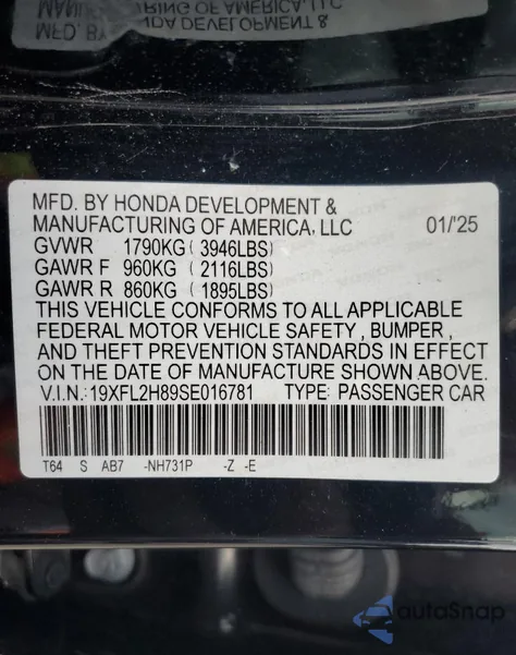 2025 Honda Civic Sport z USA, uszkodzony, nr VIN 19XFL2H89SE016781